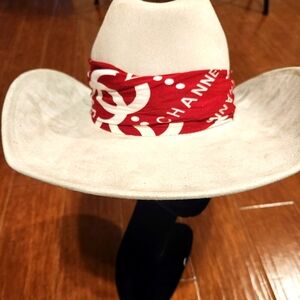 Chanel Cream Winter Cowboy Hat with Red Bandana